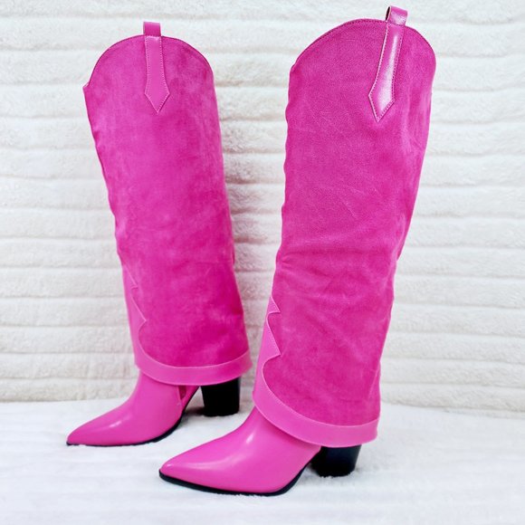 Branded Fuchsia Pink Skirted Fold Over Western Shark Knee High Cowgirl Boots - Picture 3 of 11